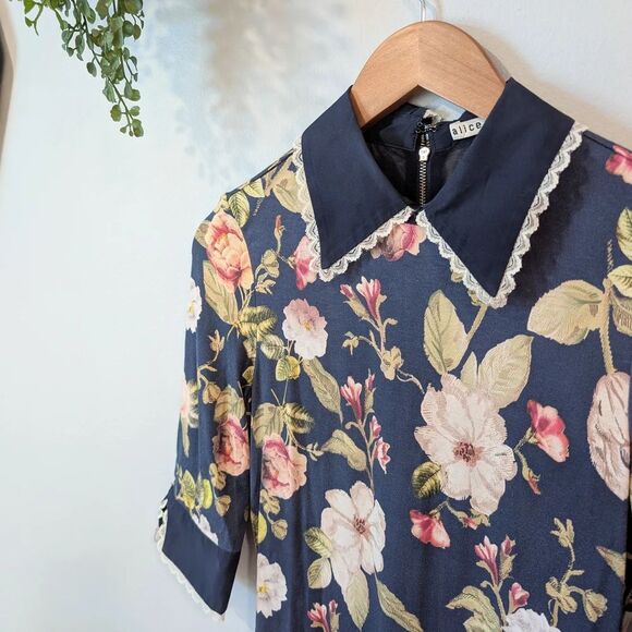 Alice + Olivia Floral Long Sleeve Dress - Navy and White - Picture 5 of 16